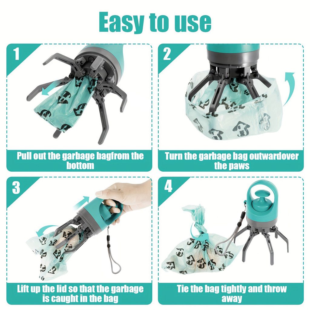 Dog waste scooper step-by-step usage diagram