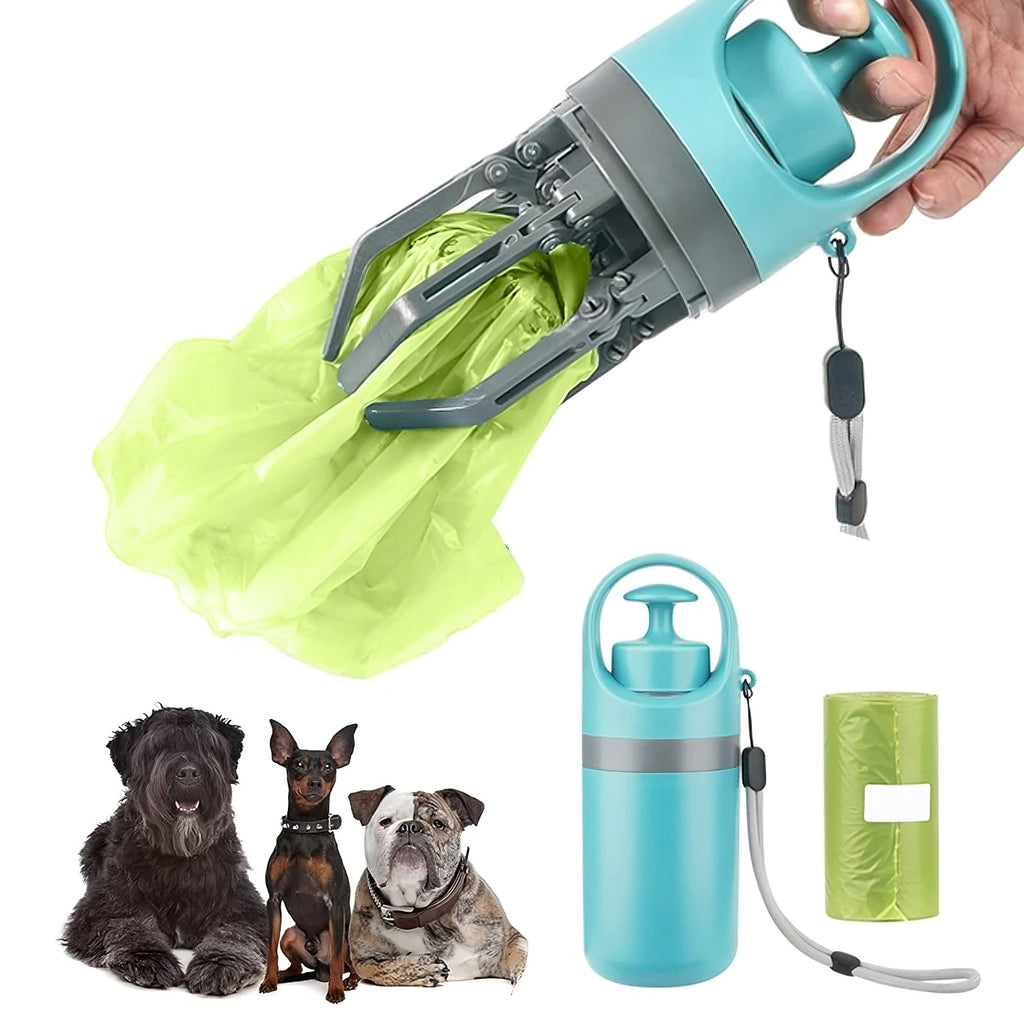 Portable dog poop scooper with built-in waste bag dispenser in use