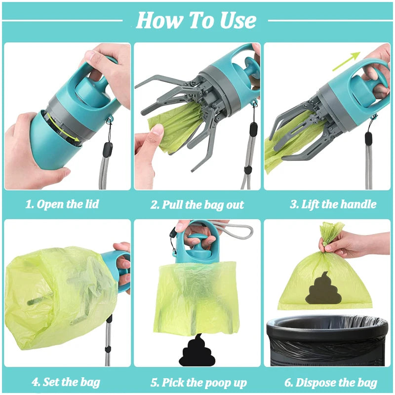 Portable poop scooper with bag dispenser clipped to leash