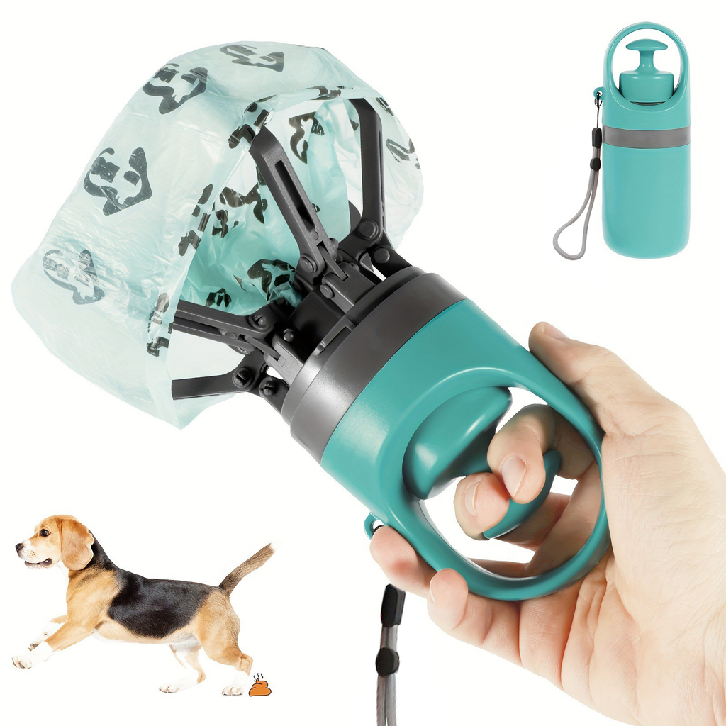 Poop scooper in use on walk with dog